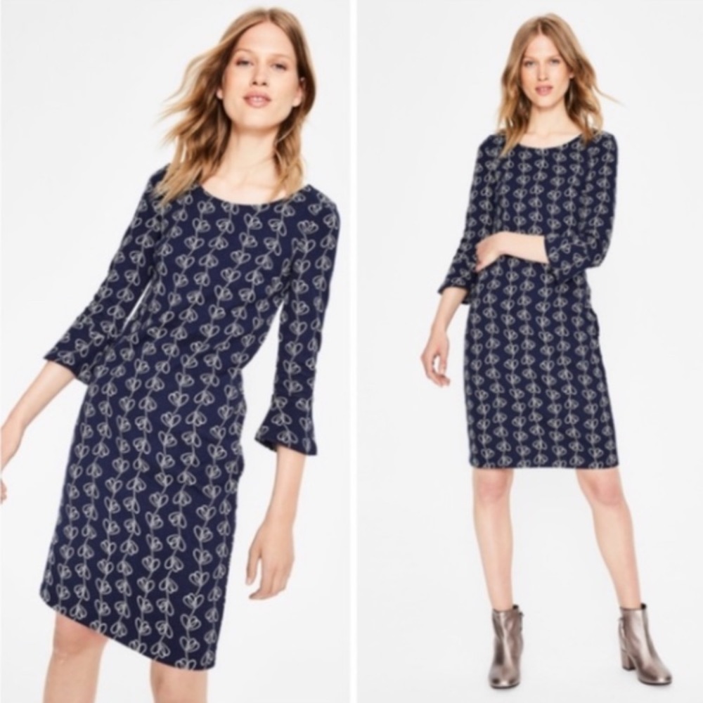 BODEN Newlyn Jersey Jacquard Dress in Navy Blue & White - Climbing Vines